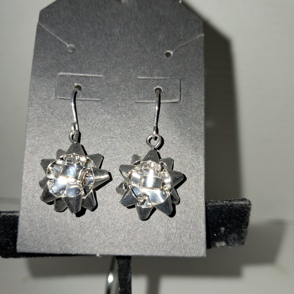 Silver Christmas Bow Dangle Earrings - Picture 2 of 3
